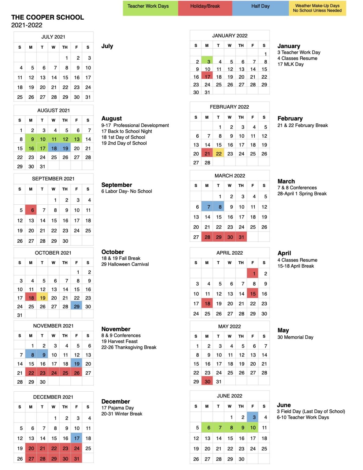 202122 School Calendar The Cooper School