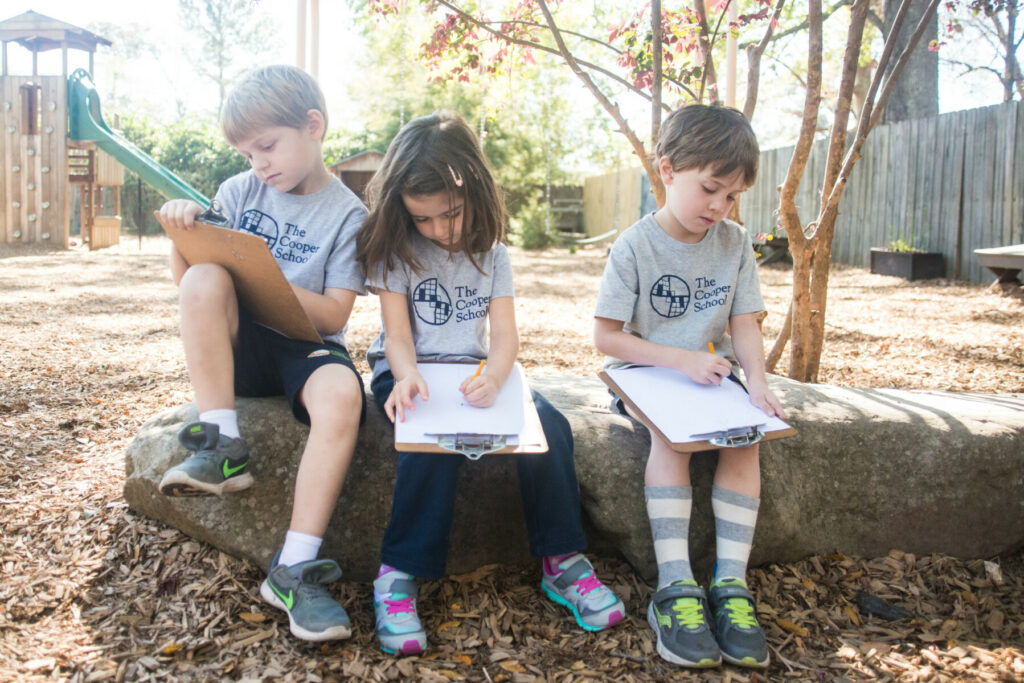 students sitting on long rock